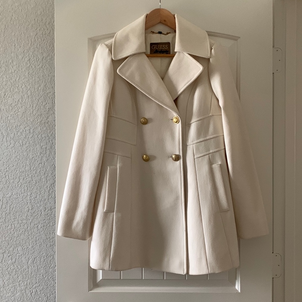 Mid-Length Guess Coat with Gold Buttons and Pockets